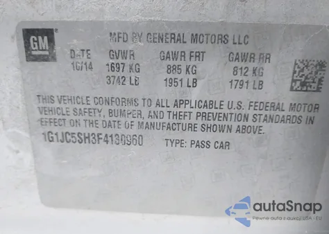 2015 Chevrolet Sonic Lt Auto z USA, uszkodzony, nr VIN 1G1JC5SH3F4130960